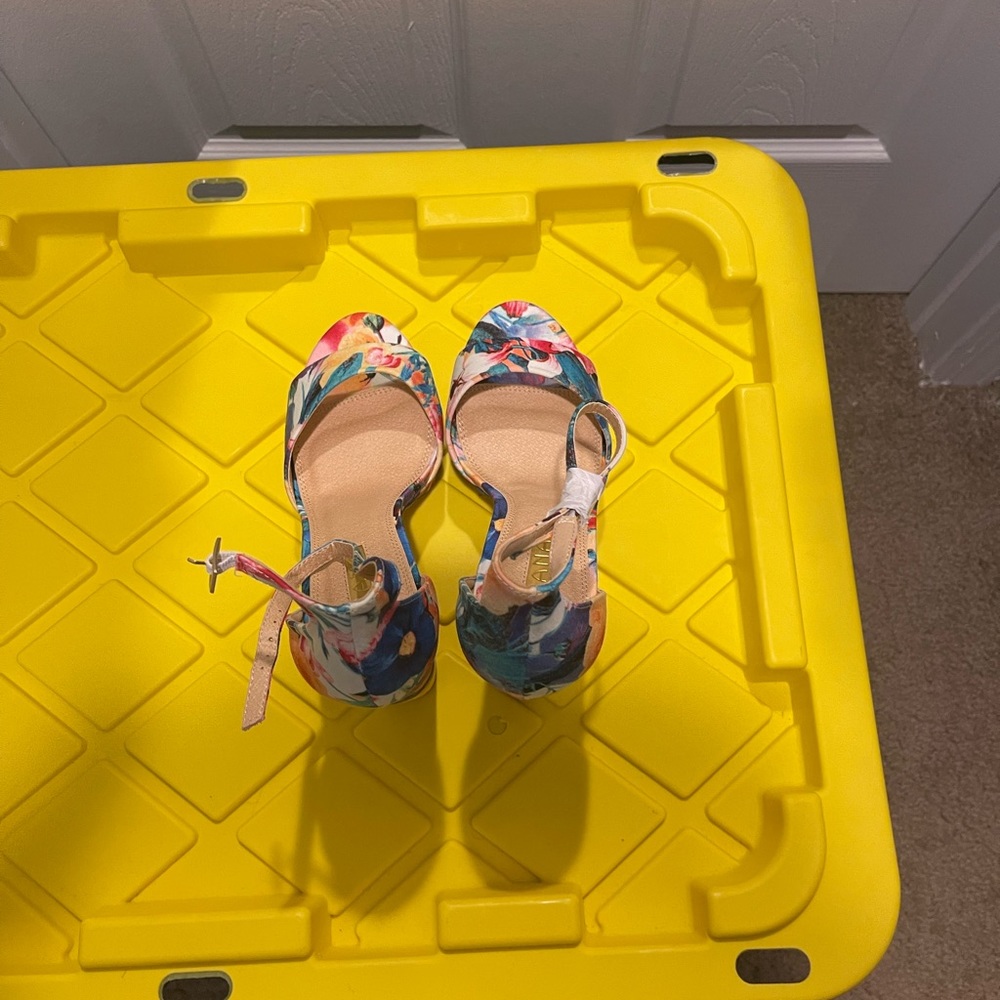 Multicolored floral open toe heels